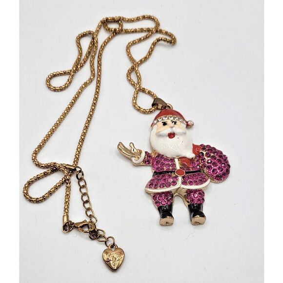 Betsey Johnson Rhinestone Purple Magenta Santa Necklace 30in chain 3in pendant - Picture 4 of 5